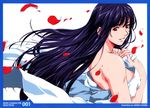  blue_hair highres horibe_hiderou long_hair original petals red_eyes shitajiki smile solo wind 