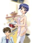  1girl ai_yori_aoshi apron artist_request basket blue_eyes blue_hair blush breasts cooking hanabishi_kaoru kitchen lace-trimmed_apron ladle medium_breasts naked_apron no_bra no_panties pink_apron sakuraba_aoi short_hair sideboob thighhighs tile_floor tile_wall tiles white_legwear 