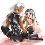  1girl archer black_legwear blush clothed_male_nude_female dark_skin dark_skinned_male fang fate/stay_night fate_(series) lowres nude rikky thighhighs toosaka_rin 
