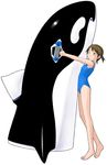  artist_request barefoot brown_eyes brown_hair casual_one-piece_swimsuit copyright_request inflatable_orca inflatable_toy one-piece_swimsuit one_eye_closed orca short_hair short_twintails simple_background solo swimsuit twintails 