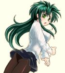  green_eyes green_hair imageboard_colors jochuu-san long_hair long_sleeves looking_back lowres oekaki original panties panties_under_pantyhose pantyhose pantyshot see-through solo underwear yagisaka_seto 