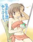  bikini brain_freeze brown_eyes brown_hair copyright_request kodama_miki mouth_hold one_eye_closed ponytail sarong shaved_ice shochuumimai solo spoon striped striped_sarong swimsuit translated 