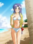  beach bikini blue_bikini blue_hair blush bow brown_eyes casual chidori_kaname day full_metal_panic! hair_bow jacket long_hair low-tied_long_hair misnon_the_great navel outdoors sleeves_rolled_up smile solo standing swimsuit thigh_gap 