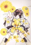  black_hair boots brown_eyes clamp flower from_above goggles nekoi_yuzuriha official_art short_hair shorts sitting smile solo stuffed_animal stuffed_toy sunflower teddy_bear x_(manga) 