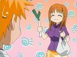  1girl bag bleach inoue_orihime kurosaki_ichigo orange_hair plastic_bag screencap spring_onion sweatdrop 