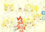  2boys 90s alternate_hair_color angry annoyed blonde_hair capelet chibi clenched_teeth concept_art gadwin_(grandia) grandia grandia_i guido_(grandia) hands_on_own_face hontani_toshiaki justin_(grandia) multiple_boys official_art one_eye_closed rapp_(grandia) sketch sue_(grandia) teeth traditional_media translation_request watercolor_(medium) 