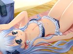  bikini blue_eyes blue_hair breasts cleavage frilled_bikini frills game_cg glasses hajimete_no_otetsudai lying medium_breasts navel open_mouth simple_background sin-go solo swimsuit thigh_gap twintails 