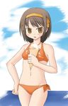  amamiya_minato bikini brown_hair food ice_cream orange_bikini short_hair solo suzumiya_haruhi suzumiya_haruhi_no_yuuutsu swimsuit 