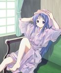  barefoot bathrobe blue_hair blush couch indoors kazuki_kiyoto leg_up long_hair long_sleeves original purple_eyes sitting solo towel towel_on_head window 