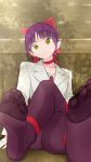  1girl bow choker feet gegege_no_kitarou hair_bow highres looking_at_viewer nekomusume no_shoes pantyhose pointy_ears pov pov_feet purple_hair purple_legwear soles toes yellow_eyes 