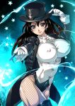  1girl black_eyes black_hair blush boots breasts dc_comics earrings erect_nipples fishnet_legwear fishnet_pantyhose fishnets hat jewelry leotard long_hair looking_at_viewer magic magician pantyhose smash_daisaku smile solo star star_earrings thigh_boots thighhighs top_hat wand western_comics zatanna_zatara 