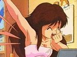  90s :d animated animated_gif armpits bangs blue_eyes blush bookshelf breasts brown_hair cleavage covering covering_mouth embarrassed eyelashes fangs genji_tsuushin_agedama hand_over_own_mouth heike_ibuki indoors long_hair looking_down lowres medium_breasts motion_blur naked_towel nipples oldschool open_mouth screencap sidelocks smile solo surprised sweatdrop topless towel upper_body wardrobe_malfunction waving 