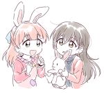  2girls :3 :d :o alternate_hairstyle animal animal_ears bang_dream! bangs black_hair black_shirt bow bunny bunny_ears clenched_hands frilled_shirt_collar frills green_eyes half_updo hanazono_tae hands_up heart holding holding_animal jacket long_hair multiple_girls open_mouth pink_hair pink_jacket raglan_sleeves re_ghotion shirt simple_background smile uehara_himari upper_body white_background yellow_bow younger 