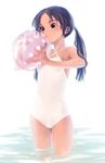 ball beachball black_eyes blue_hair brown_hair casual_one-piece_swimsuit copyright_request glasses holding_beachball kawata_hisashi one-piece_swimsuit ripples solo swimsuit twintails wading water white_swimsuit 