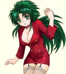  breasts cleavage glasses green_eyes green_hair imageboard_colors jochuu-san large_breasts long_hair long_sleeves lowres oekaki original solo thighhighs yagisaka_seto 