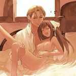  1girl beamed_sixteenth_notes bed breasts brown_hair carrying clothed_male_nude_female couple eighth_note happy happy_tears large_breasts legs long_legs lowres medium_breasts morii_shizuki music musical_note nipples nude original princess_carry singing smile tears 