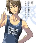  brown_eyes brown_hair crossdressing hand_on_hip koizumi_itsuki male_focus name_tag nilitsu one-piece_swimsuit school_swimsuit smile solo strap_lift suzumiya_haruhi_no_yuuutsu swimsuit 