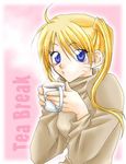  artist_request bad_anatomy blonde_hair blue_eyes cup english genderswap genderswap_(mtf) long_sleeves naruko naruto naruto_(series) solo steam tea teacup turtleneck twintails 