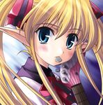  bangs blonde_hair blue_eyes blush bow bowtie close-up colette_brause elf face flat_chest guitar hair_between_eyes hair_ribbon instrument long_hair long_pointy_ears looking_at_viewer looking_back mouth_hold pastel_chime plectrum pointy_ears ribbon school_uniform sidelocks solo striped turtleneck twintails yuuki_tatsuya 