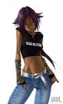  belt bleach clothes_writing dark_skin denim jeans long_hair midriff mike_nesbitt navel pants purple_hair shihouin_yoruichi solo yellow_eyes 