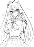  bow bowtie cowboy_shot greyscale kousaka_tamaki long_sleeves looking_at_viewer midriff mizuryuu_kei monochrome navel sailor_collar school_uniform simple_background sketch smile solo to_heart_2 white_background 