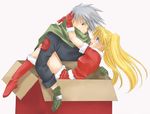  1girl artist_request blonde_hair blue_eyes boots box cardboard_box christmas genderswap genderswap_(mtf) gloves green_scarf grey_hair hatake_kakashi hug knee_boots long_sleeves naruko naruto naruto_(series) santa_costume scarf twintails 