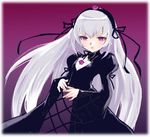  black_dress blush cross-laced_clothes dress expressionless flower hairband juliet_sleeves kantaro lolita_hairband long_hair long_sleeves md5_mismatch parted_lips pink_eyes puffy_sleeves rose rozen_maiden silver_hair solo suigintou upper_body very_long_hair 