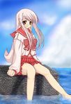  artist_request barefoot long_hair long_sleeves lucy_maria_misora pink_eyes pink_hair school_uniform sitting solo to_heart_2 water 