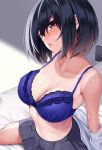  1girl bangs black_hair blue_bra blush bra breasts cleavage commentary_request eyebrows_visible_through_hair huyumitsu large_breasts looking_at_viewer original parted_lips purple_eyes shirt short_hair skirt solo underwear white_shirt 