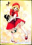  1girl big_bad_wolf blonde_hair blush brown_eyes cape full_body grandmother_(little_red_riding_hood) grimm's_fairy_tales happy hidari_(left_side) little_red_riding_hood little_red_riding_hood_(grimm) long_sleeves photoshop_(medium) puppet smile socks solo wolf 
