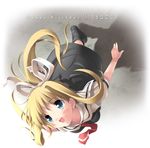  air black_footwear blonde_hair blue_eyes blush boots bow character_name from_above hair_bow hair_ribbon happy_birthday kamio_misuzu kantoku long_hair looking_up necktie open_mouth ponytail ribbon school_uniform short_sleeves solo standing 