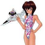  90s aircraft airplane aozora_shoujotai bare_arms breasts brown_eyes brown_hair casual_one-piece_swimsuit hand_on_hip highleg highleg_swimsuit japan jet medium_breasts mitaka_arisa one-piece_swimsuit shimizu_toshimitsu short_hair sideboob simple_background sleeveless sleeveless_turtleneck smile solo standing swimsuit t-4 turtleneck v white_background 