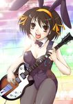  animal_ears brown_hair bunny_ears bunnysuit electric_guitar guitar instrument pantyhose short_hair solo suzumiya_haruhi suzumiya_haruhi_no_yuuutsu waku 