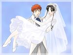  1girl artist_request bride couple dress emiya_shirou fate/stay_night fate_(series) hetero long_sleeves lowres toosaka_rin wedding wedding_dress 