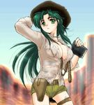  belt breasts cleavage green_hair holster jochuu-san large_breasts long_hair long_sleeves lowres oekaki original shorts solo yagisaka_seto 