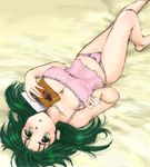  barefoot bed blush bow bow_panties breasts camisole cleavage green_eyes green_hair jochuu-san lace lace-trimmed_panties large_breasts lingerie long_hair lowres lying oekaki on_back original panties pink_panties solo underwear upside-down yagisaka_seto 