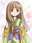  brown_eyes brown_hair detached_sleeves earrings gensou_suikoden gensou_suikoden_v jewelry long_hair long_sleeves looking_at_viewer lowres lymsleia_falenas mizuna_tomomi obi red_ribbon ribbon sash serious solo upper_body 