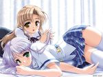  augustic_pieces bed bekkankou feena_fam_earthlight highres hozumi_sayaka looking_at_viewer lying miniskirt multiple_girls plaid plaid_skirt school_uniform skirt thighhighs wallpaper yoake_mae_yori_ruri_iro_na zettai_ryouiki 