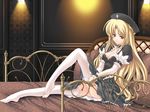  arm_garter bed blonde_hair game_cg hat long_hair maid original solo suzuno_kouya thighhighs 