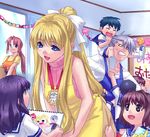  3girls :d ^_^ ^o^ age_difference air apron black_eyes black_hair blonde_hair blue_apron blue_eyes blush box brown_hair carrying child_drawing clipboard closed_eyes drawing eye_contact hair_pull hair_ribbon indoors kamio_haruko kamio_misuzu kunisaki_yukito leaning_forward long_hair looking_at_another low_ponytail multiple_boys multiple_girls oekaki older open_mouth orange_apron piggyback ponytail purple_hair red_hair ribbed_sweater ribbon school_uniform serafuku shoes short_hair short_sleeves silver_hair sleeveless sleeveless_turtleneck smile socks sweatdrop sweater teeth turtleneck white_ribbon yellow_apron zen 