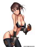  black_bra black_legwear black_panties bra breasts brown_eyes brown_hair cleavage curvy gloves hand_on_thigh large_breasts leaning_forward navel original panties ryu_(ryu's_former_site) science_fiction solo strap_gap thighhighs underwear underwear_only 