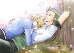  boy_on_top cherry_blossoms hair_over_one_eye long_sleeves male_focus multiple_boys one_piece petals roronoa_zoro sanji sleeping yaoi 