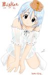  all_fours artist_request bisuke-tan blue_eyes blue_hair collarbone dress food food_on_head full_body head_tilt kfc looking_at_viewer object_on_head off_shoulder pancake short_sleeves smile socks solo thighs white_dress white_legwear 