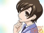  artist_name bangs brown_eyes brown_hair dated eyebrows_visible_through_hair fujioka_haruhi hand_on_own_chin looking_to_the_side looking_up ouran_high_school_host_club parted_lips reverse_trap school_uniform short_hair solo ugeppa 