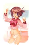  angry blouse blue_eyes bow bow_panties brown_hair folded_ponytail hanpen komaki_manaka long_sleeves midriff navel no_pants panties pink_bow school_uniform serafuku solo standing tears to_heart_2 underwear white_panties 