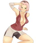  areola_slip areolae bike_shorts breasts cameltoe covered_nipples green_eyes haruno_sakura medium_breasts naruto_(series) naruto_shippuuden rirakukan solo 