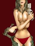  breast_squeeze breasts copyright_request crossed_arms gun head_out_of_frame kaieda_hiroshi large_breasts light_brown_hair long_hair navel nipples panties pants_pull red_panties skindentation solo standing topless underwear underwear_only weapon 