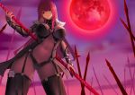  armor bodysuit fate/grand_order fate_(series) jack_(darkshero) long_hair moon purple_hair red_eyes scathach_(fate/grand_order) skintight spear weapon 