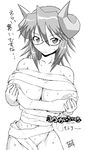  bandages blush breasts copyright_request glasses greyscale horns huge_breasts monochrome nakami_yoshikage solo 