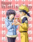  1girl artist_request blonde_hair couple floral_background gift happy_valentine heart hetero holding holding_gift hyuuga_hinata long_sleeves naruto naruto_(series) orange_shirt shirt uzumaki_naruto valentine 